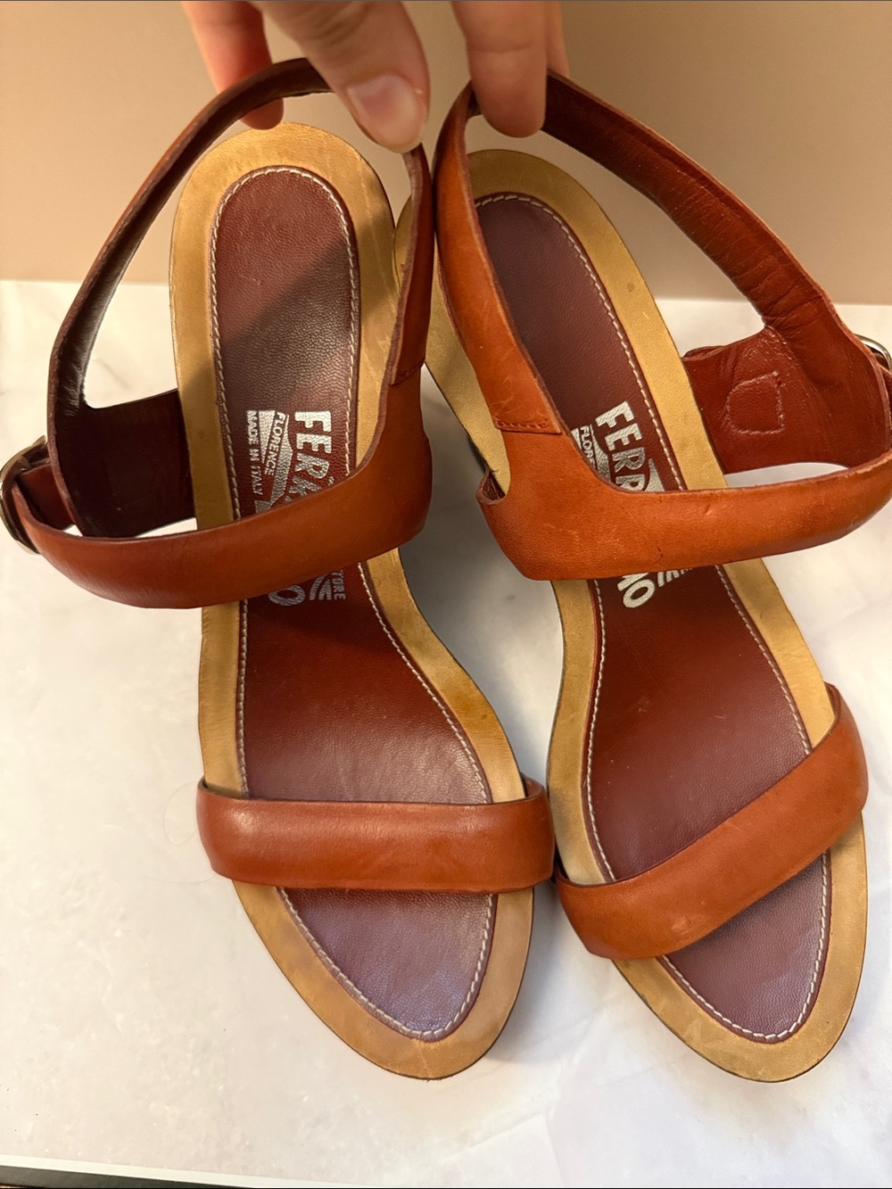 Salvatore Ferragamo Cognac Leather Slingback Sandals - Picture 3 of 13